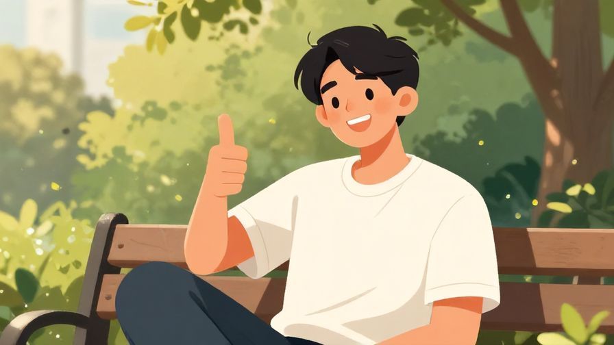 Illustration of a relaxed person giving a thumbs up with a casual, friendly smile, set outdoors with green trees and sunlight