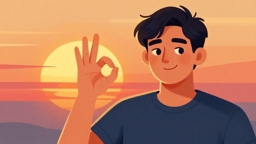 Illustration of a relaxed person giving an “OK” hand sign with a bright sunset behind, symbolizing satisfaction with an outcome, detailed background, vibrant colors, illustrated style