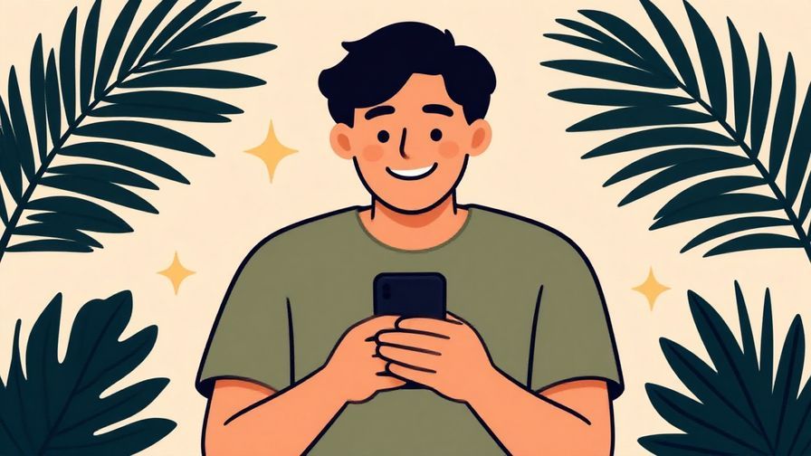 Illustration of a relaxed person grinning while holding a phone, surrounded by palm leaves and stars, warm casual vibe