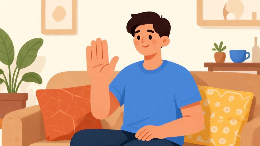 Illustration of a relaxed person holding up a hand gently to signal stop with a smile, surrounded by a casual home setting, vibrant colors, illustrated style