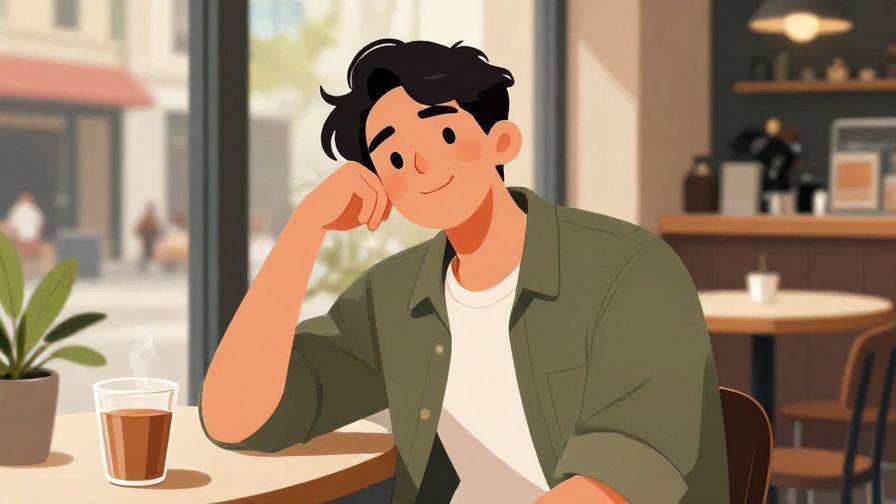 Illustration of a relaxed person leaning back smiling with a casual urban cafe background