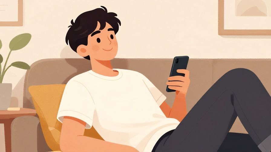 Illustration of a relaxed person leaning back with a phone, smiling confidently, casual indoor setting