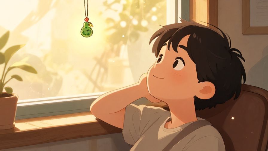 Illustration of a relaxed person leaning back with a smile, sunlight streaming through a window, a small lucky charm hanging nearby