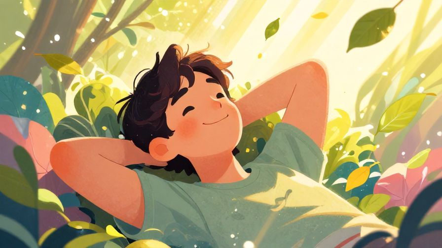 Illustration of a relaxed person leaning back with a knowing smile, surrounded by floating leaves and gentle light rays, vibrant colors, illustrated style