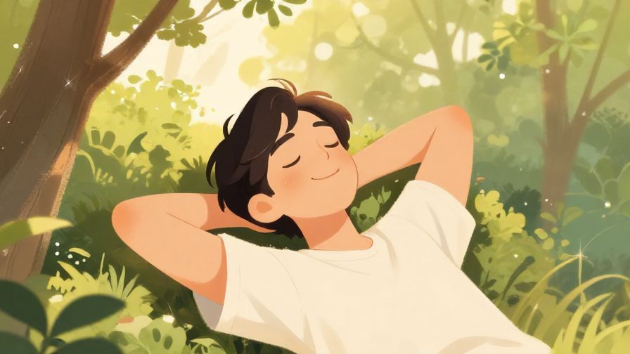 Illustration of a relaxed person leaning back with a peaceful smile, soft light filtering through trees, calm and reassuring mood, illustrated style