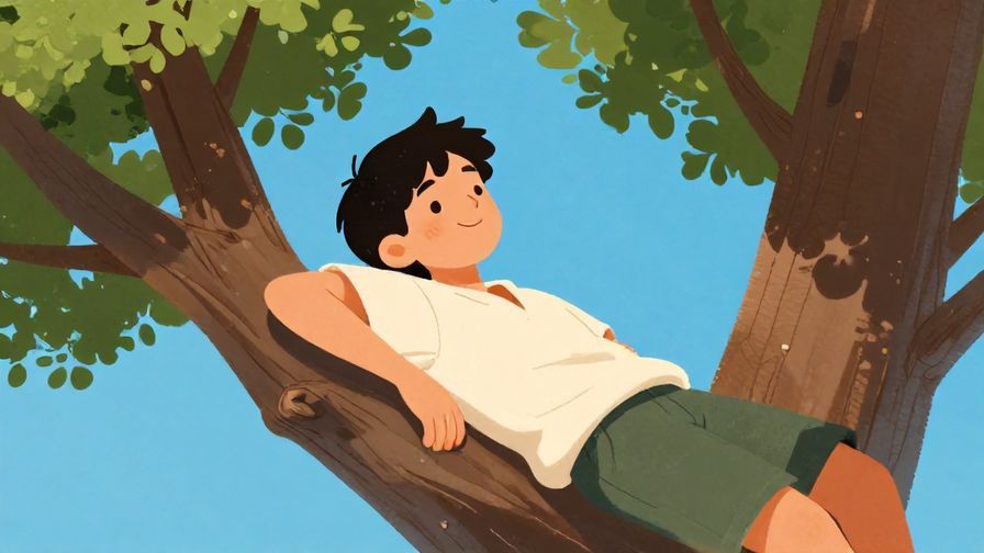 Illustration of a relaxed person leaning on a tree under blue sky, with a carefree smile