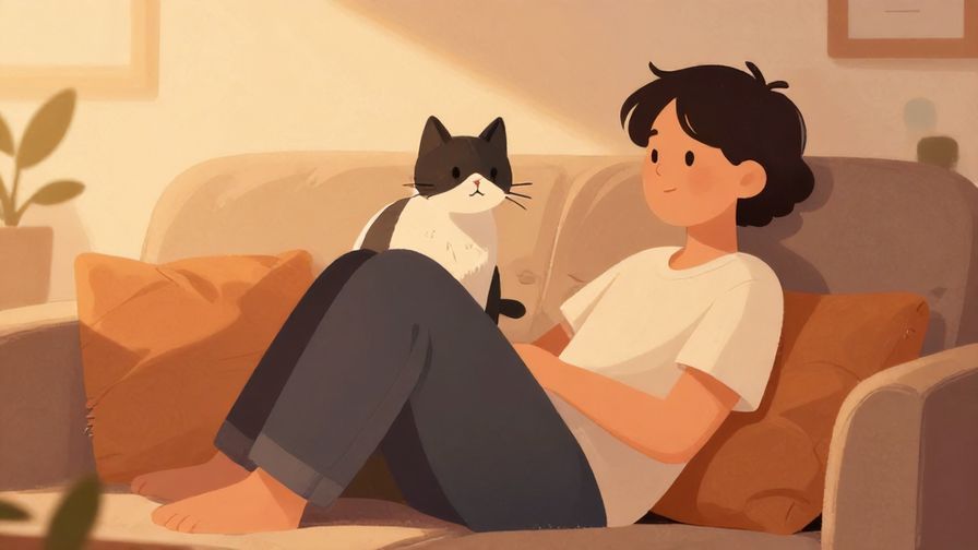 Illustration of a relaxed person lounging on a couch with a cat, surrounded by soft pillows and warm lighting