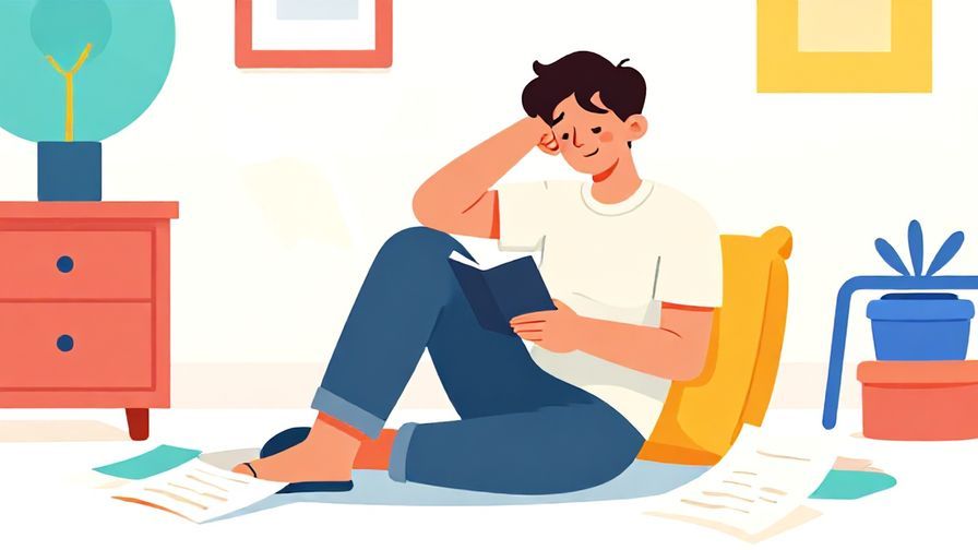 Illustration of a relaxed person lounging with a tired smile, messy papers around, bright and colorful casual room setting