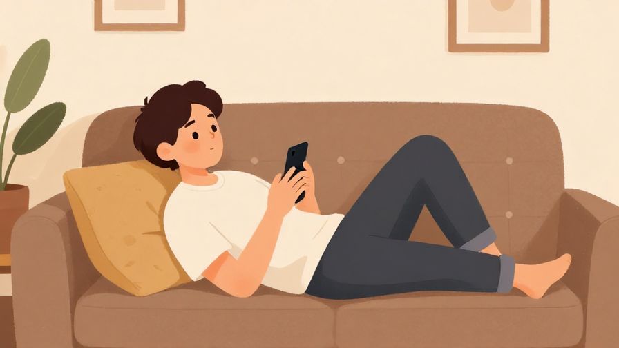 Illustration of a relaxed person lying on a couch with a phone, cozy home interior
