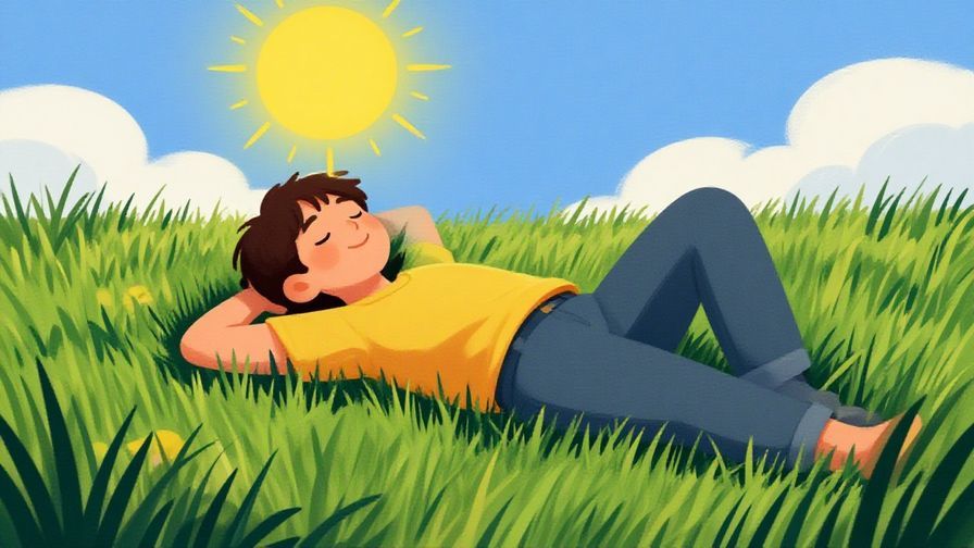 Illustration of a relaxed person lying on grass, smiling with eyes closed under a sunny sky, symbolizing contentment with life, vibrant colors, illustrated style