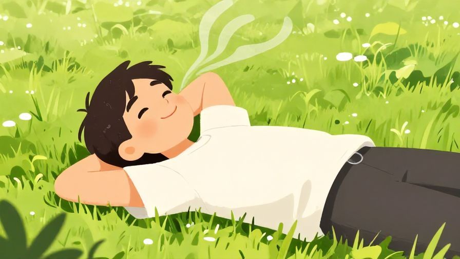 Illustration of a relaxed person lying on grass with a big smile, gentle breeze, sunny day