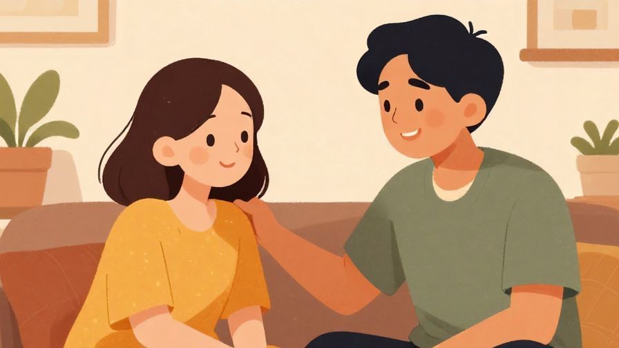 Illustration of a relaxed person reassuring another with a gentle smile, cozy indoor setting with warm colors