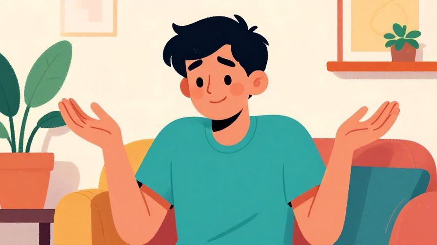 Illustration of a relaxed person shrugging with a smile, casual indoor setting, vibrant colors, illustrated style