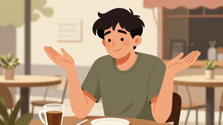 Illustration of a relaxed person shrugging with a half-smile, casual outdoor café scene, illustrated style