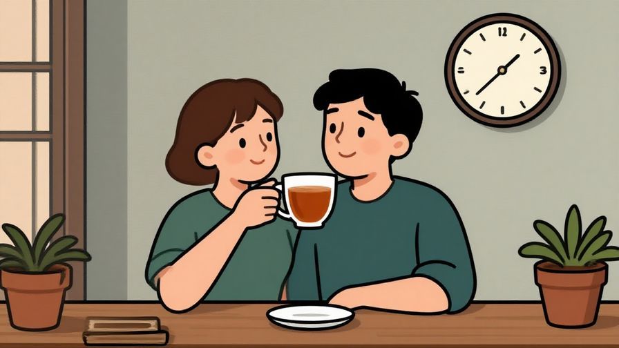 Illustration of a relaxed person sipping tea, looking at a clock with a smile, cozy indoor setting