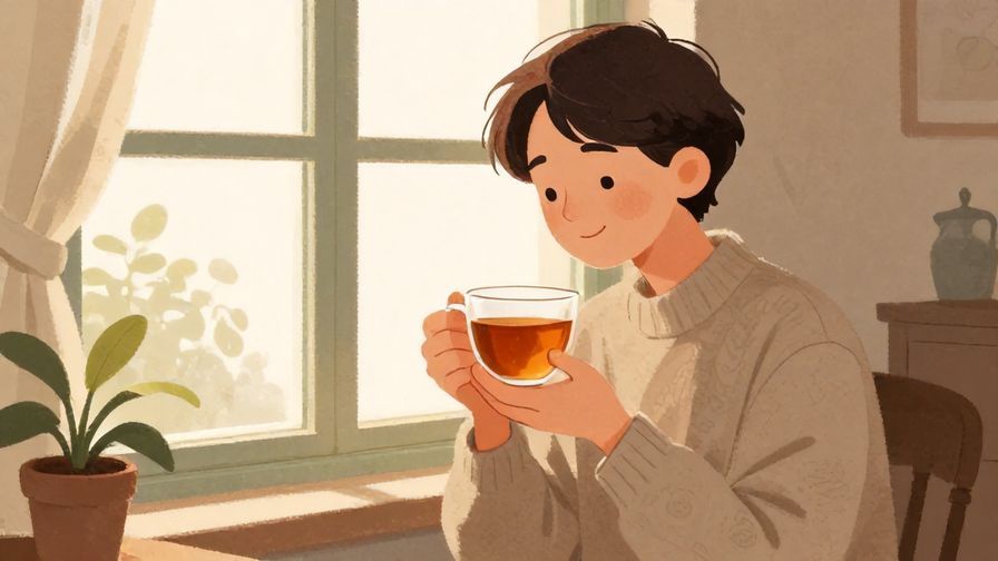 Illustration of a relaxed person sitting by a window, smiling softly while holding a cup of tea, cozy and peaceful setting