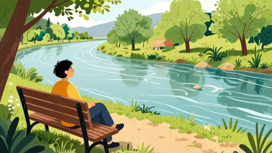 Illustration of a relaxed person sitting leisurely on a bench, watching a gentle river flow, detailed background, vibrant colors, illustrated style