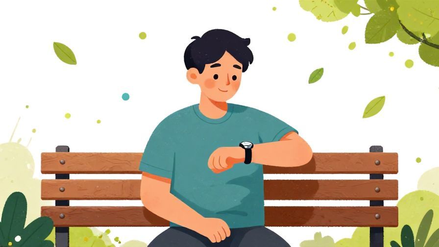 Illustration of a relaxed person sitting on a bench looking at a watch with a soft smile, surrounded by floating leaves and soft dots in the background, vibrant colors, illustrated style