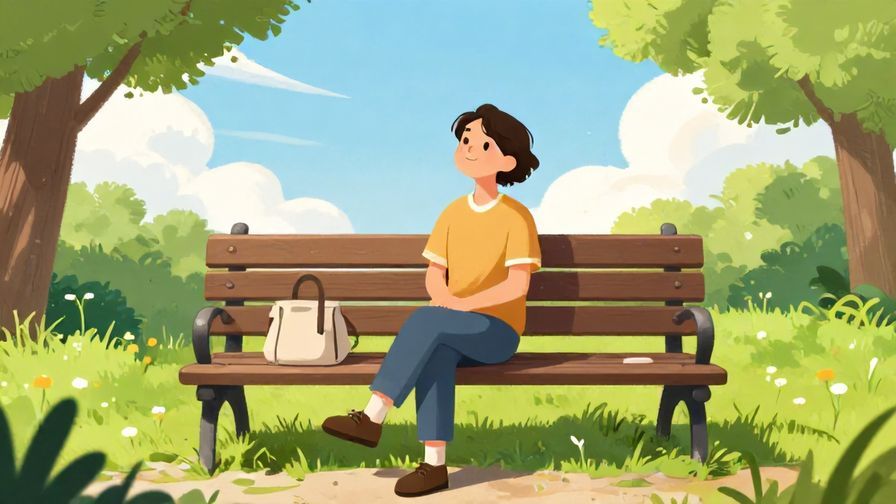 Illustration of a relaxed person sitting on a park bench smiling at a sunny sky, feeling hopeful and calm, vibrant colors, illustrated style