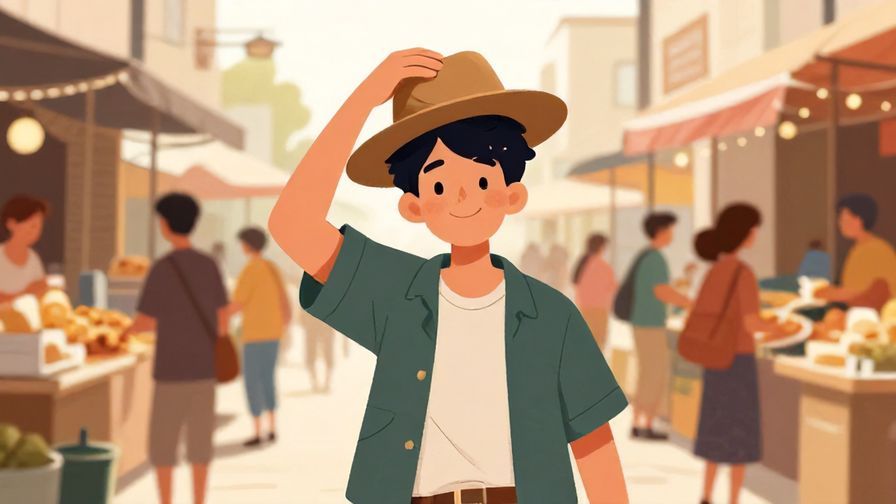 Illustration of a relaxed person smiling, holding a hat in a lively market atmosphere