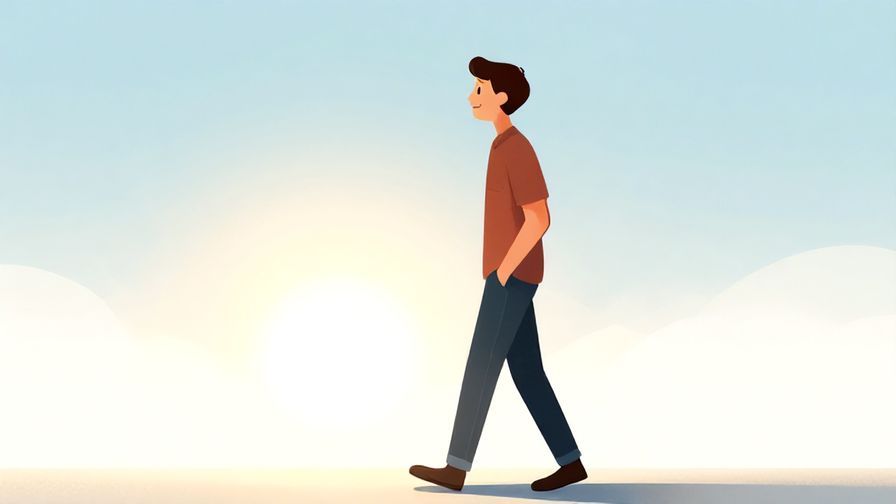 Illustration of a relaxed person smiling with hands in pockets, walking toward a bright horizon