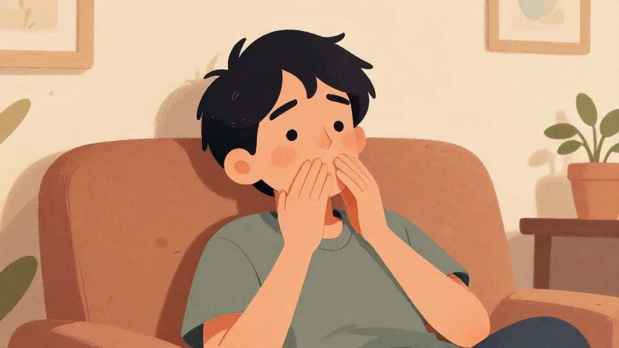 Illustration of a relaxed person smirking after a shock, casual setting with a sense of relief, warm colors