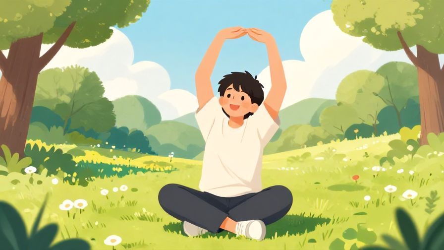 Illustration of a relaxed person stretching and smiling as if a memory just clicked, bright sunny park background