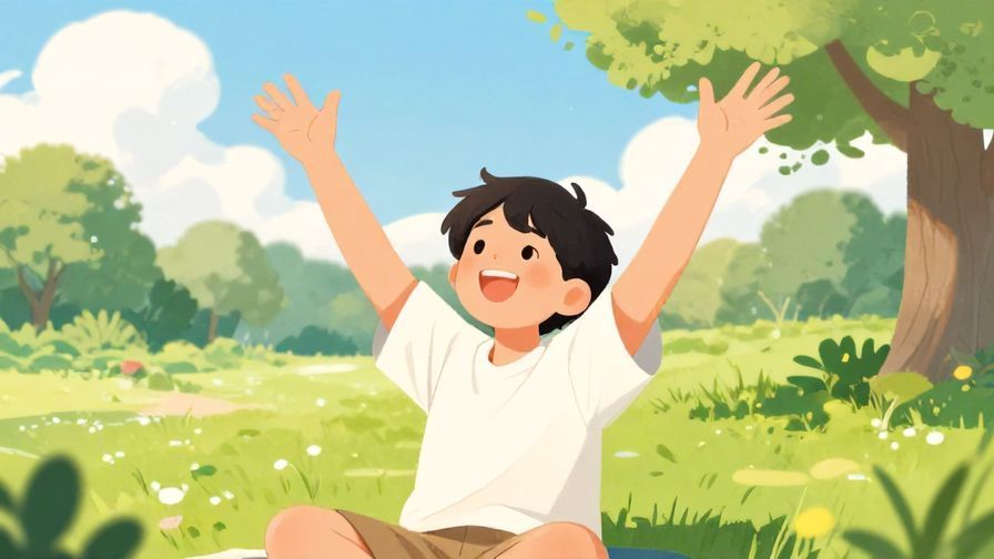 Illustration of a relaxed person throwing their hands up in the air with a carefree smile, bright sunny park setting