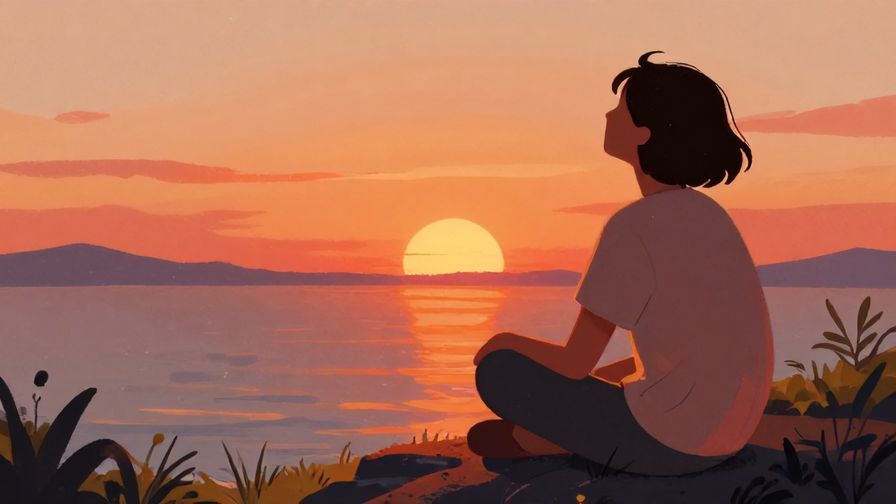 Illustration of a relaxed person watching the sunset calmly, symbolizing acceptance of fate and destiny, vibrant colors, illustrated style