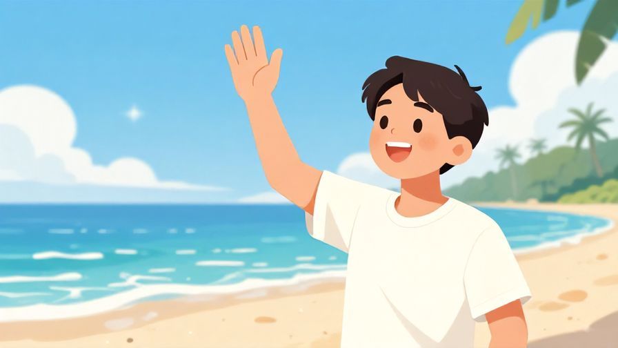 Illustration of a relaxed person waving off thanks with a bright, sunny beach background
