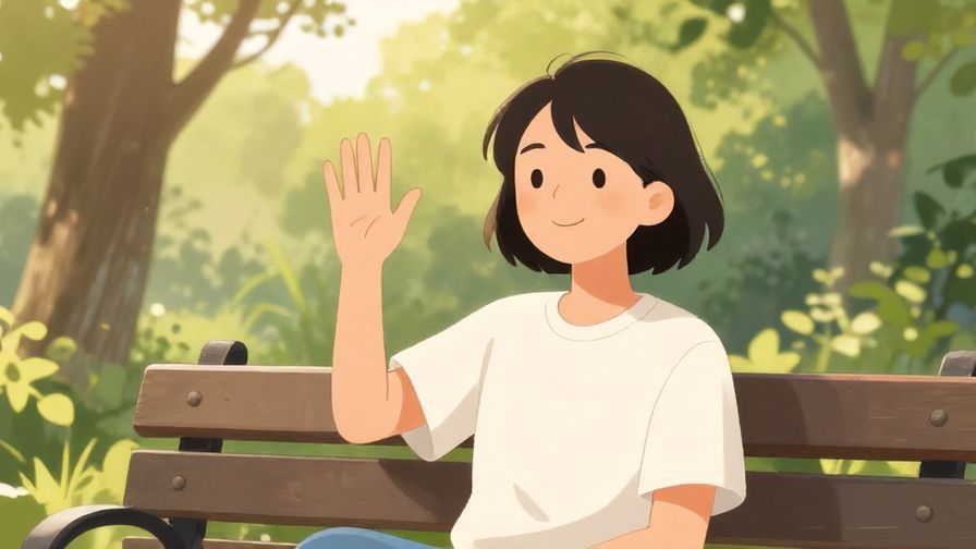 Illustration of a relaxed person waving their hand dismissively with a gentle smile, sitting on a park bench with soft sunlight filtering through trees