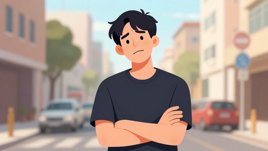 Illustration of a relaxed person with a puzzled smirk, arms crossed, casual street background