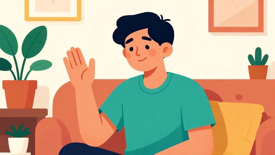 Illustration of a relaxed person with a slightly tired smile, holding up a hand, casual home interior, vibrant colors, illustrated style