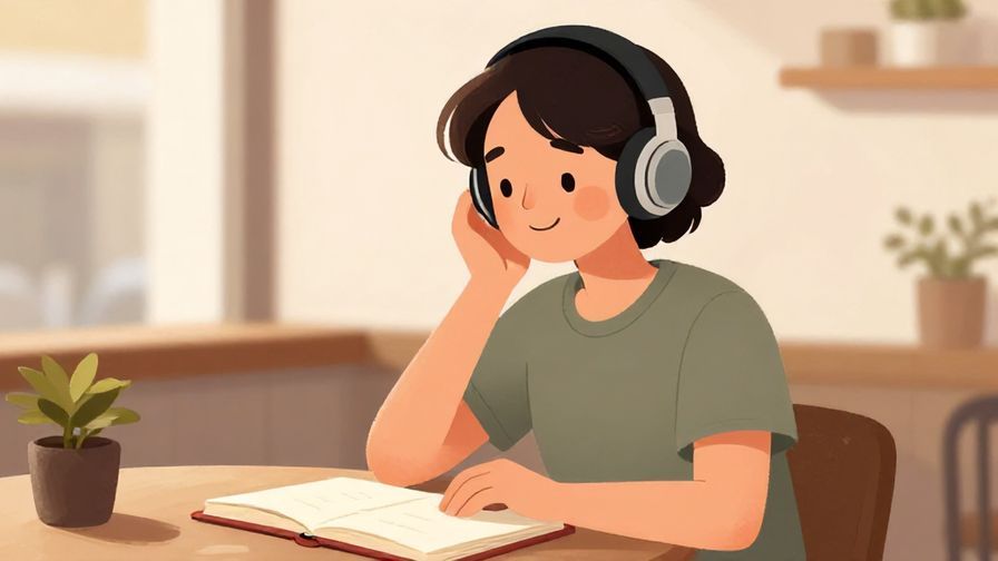 Illustration of a relaxed person with headphones and a notebook, casually smiling in a cozy café, soft warm colors