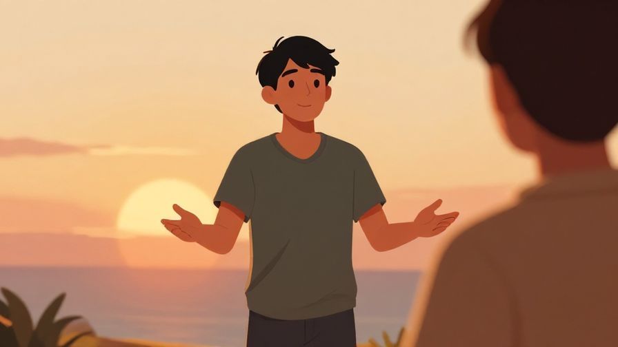 Illustration of a relaxed person with open arms welcoming a challenge, warm sunset background