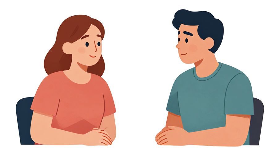 Illustration of a relaxed setting with two people chatting, one looking curious and polite