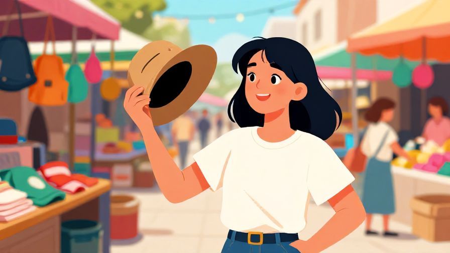 Illustration of a relaxed shopper holding up a hat, asking casually with a smile, vibrant market background