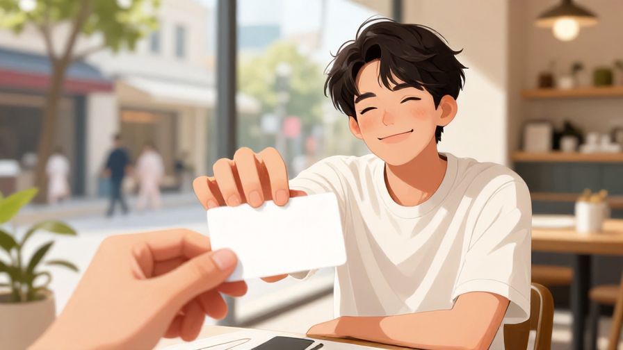 Illustration of a relaxed, smiling young person casually handing over a card with a playful wink, bright street cafe background