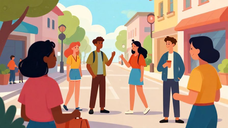 Illustration of a relaxed street scene with young people talking informally, vibrant colors, playful atmosphere