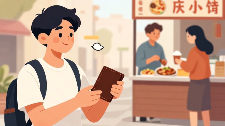 Illustration of a relaxed teenager holding a wallet, asking a friend in a street food stall, lively urban background