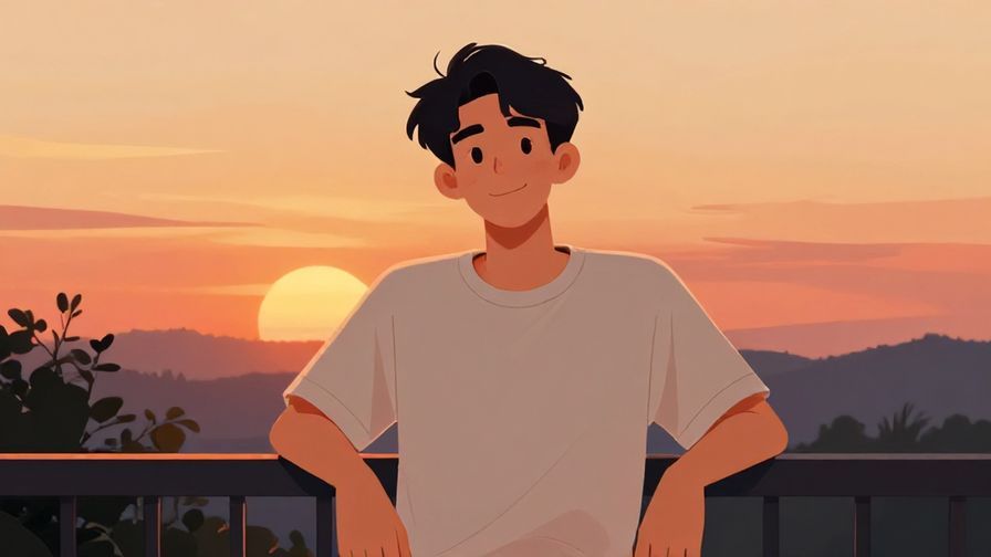 Illustration of a relaxed young man leaning on a fence, looking confident and friendly, sunset background