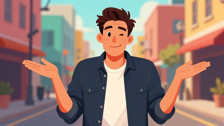 Illustration of a relaxed young man shrugging with a cheeky smile, colorful urban street background