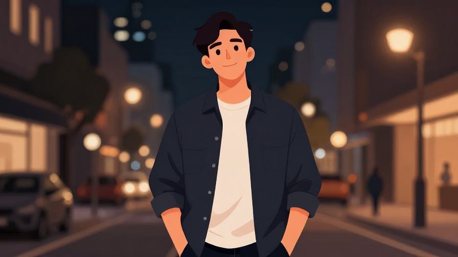 Illustration of a relaxed young man with a smirk, hands in pockets, urban night background
