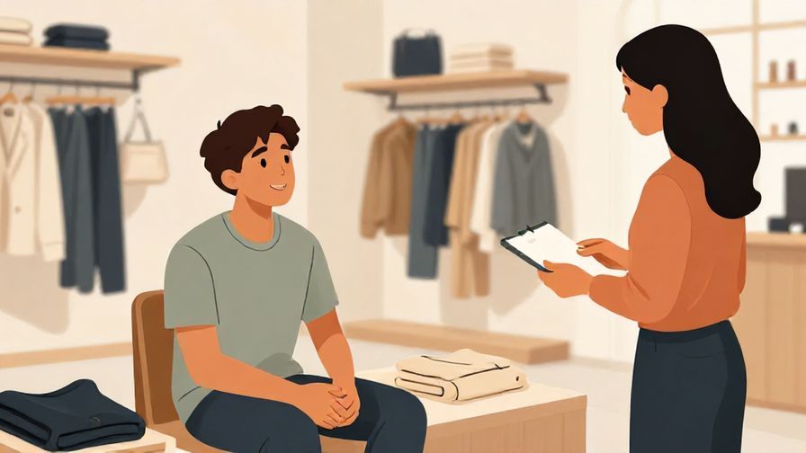Illustration of a relaxed young person casually asking a friendly shop assistant about other sizes, informal store vibe