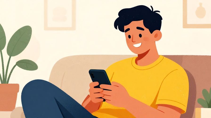 Illustration of a relaxed young person casually texting on a phone with a big smile, vibrant colors, illustrated style