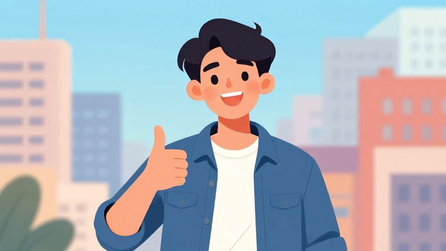 Illustration of a relaxed young person giving a casual thumbs-up with a bright, lively cityscape background