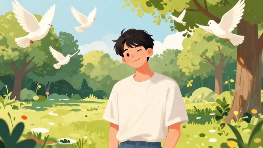 Illustration of a relaxed young person giving a playful wink, standing in a sunny park with doves flying overhead, vibrant colors, illustrated style