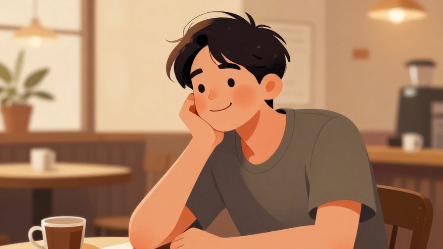 Illustration of a relaxed young person leaning back with a thoughtful smile, cozy café background, warm tones