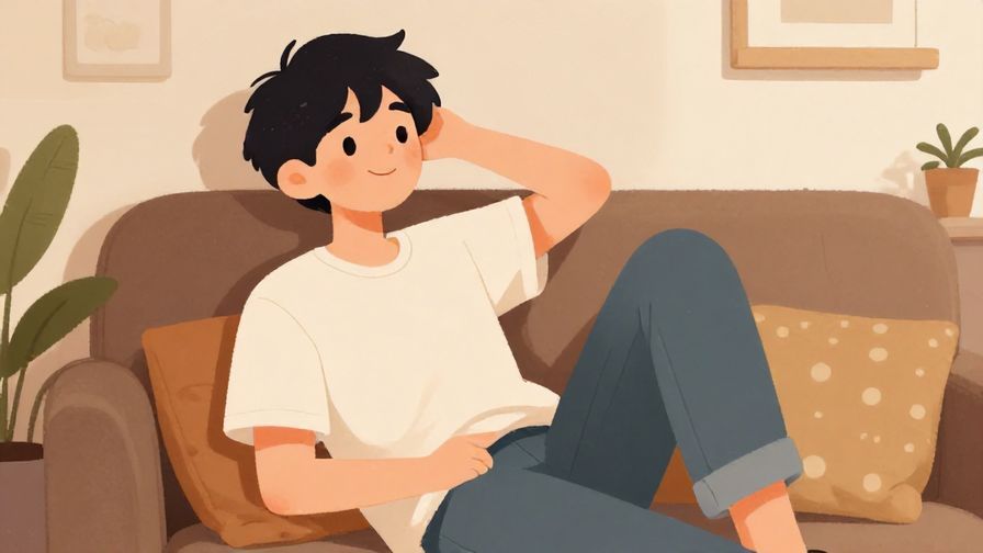 Illustration of a relaxed young person lounging in a cozy room, playful smile, casual and carefree vibe