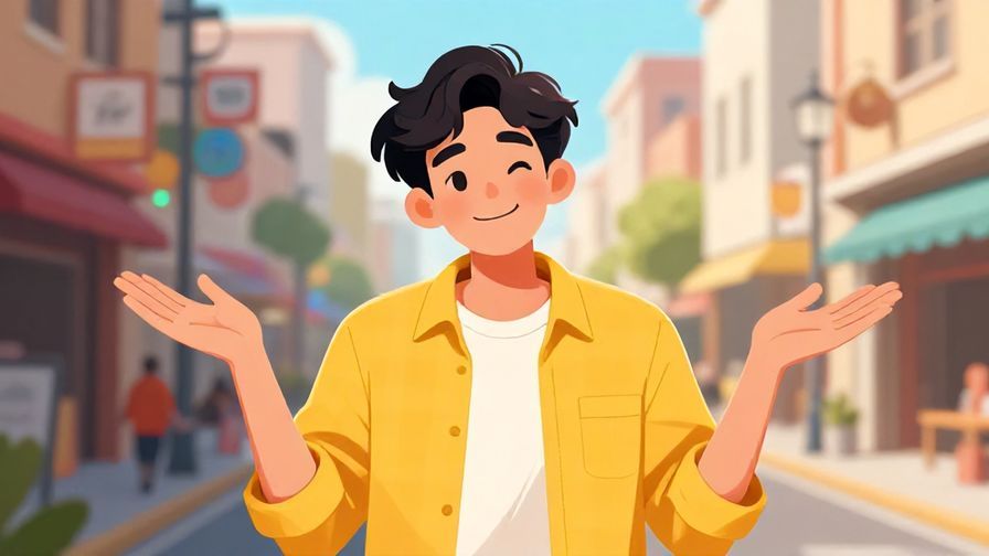 Illustration of a relaxed young person shrugging with a cheeky smile in a casual street setting, bright colors and lively atmosphere
